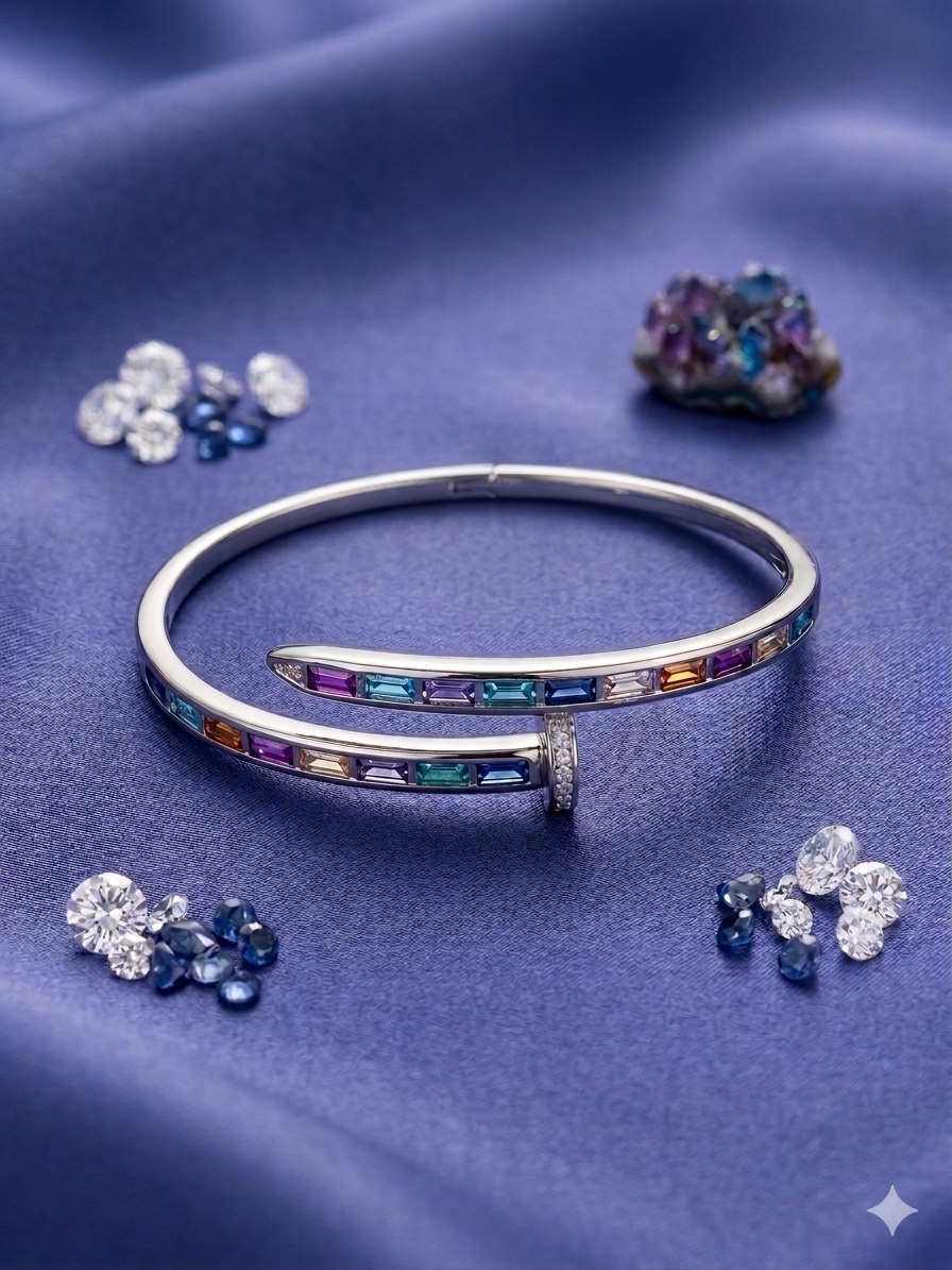 .925 Sterling Silver Adjustable "Nail" Bracelet with Multicolor Zirconias