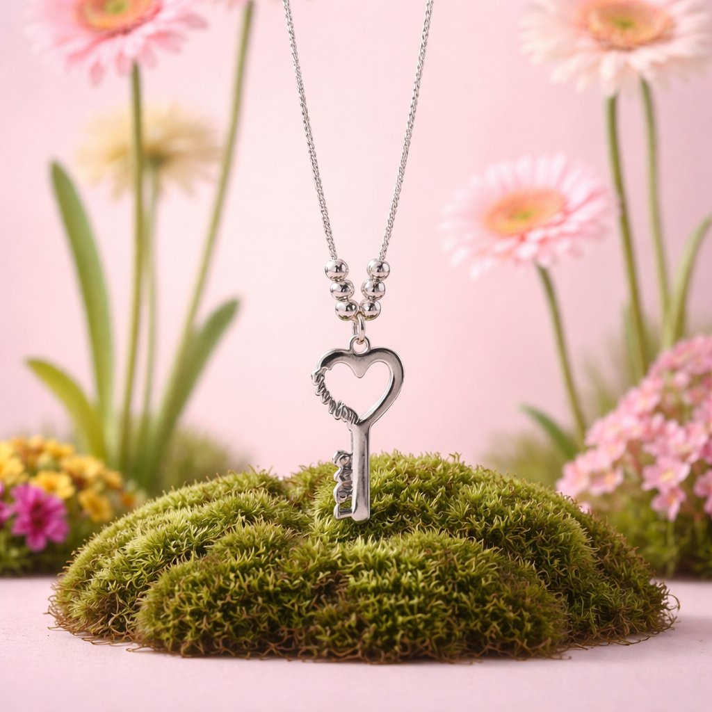 Sterling Silver Love Key Necklace - 18" Heart Key Pendant with Cubic Zirconia Accents
