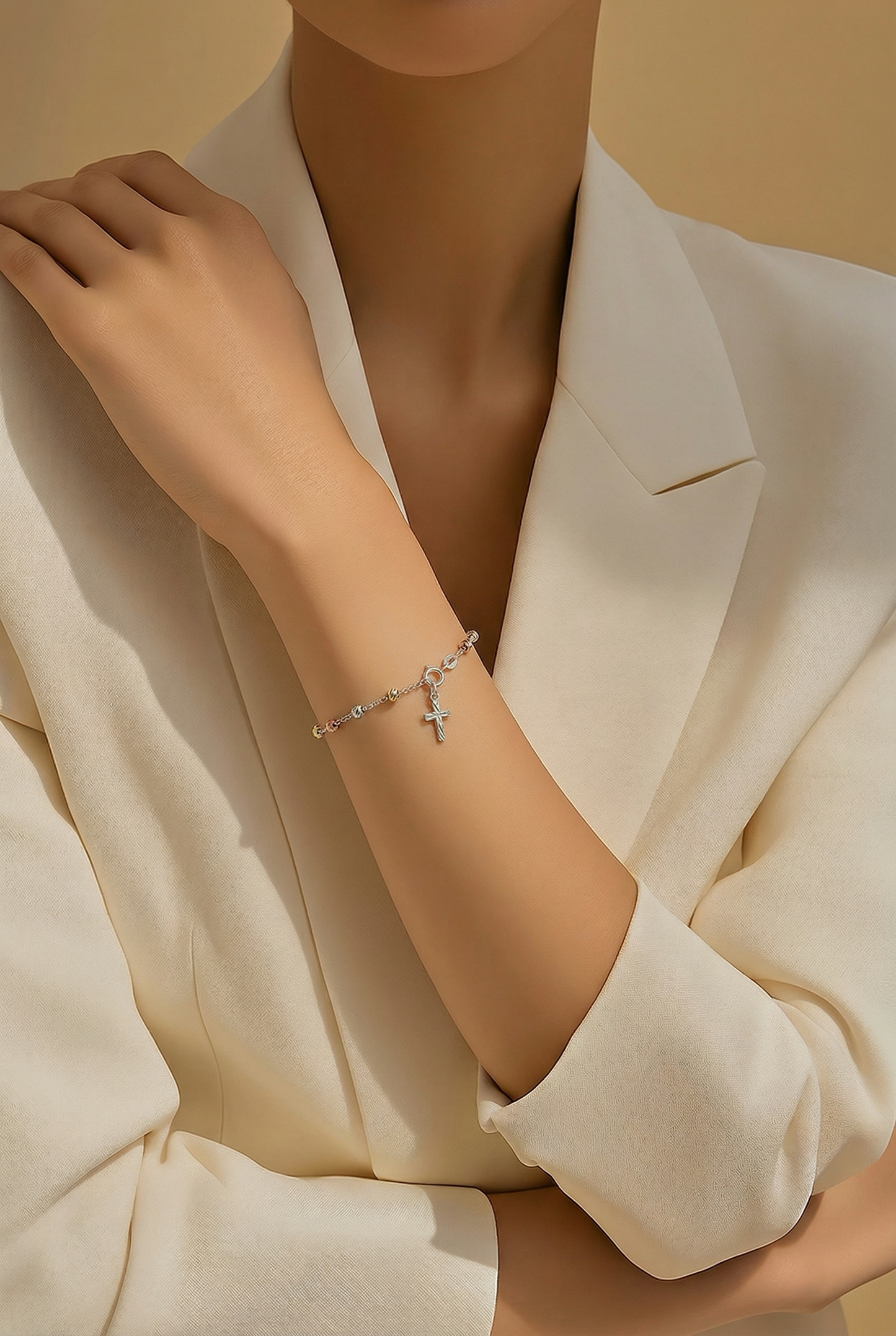 .925 Sterling Silver Bracelet with Tricolor Beads and Cross Charm