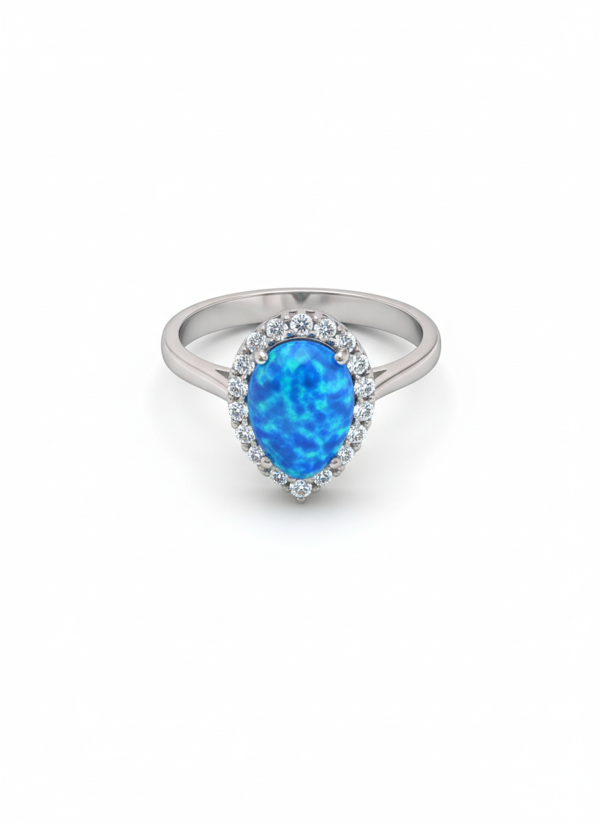 Blue Opal Pear Halo Ring in .925 Sterling Silver