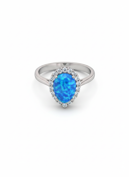 Blue Opal Pear Halo Ring in .925 Sterling Silver