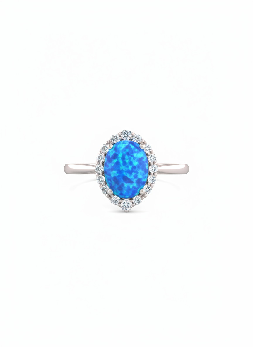 Blue Opal Pear Halo Ring in .925 Sterling Silver
