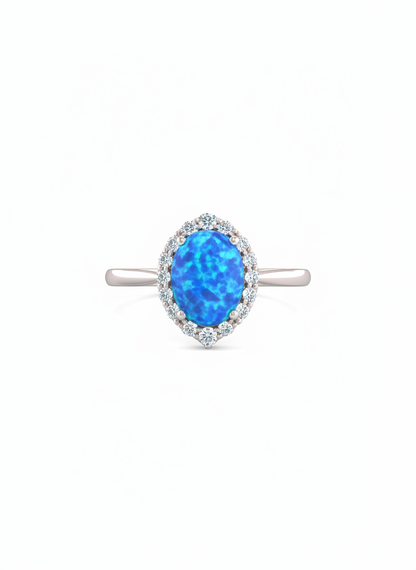 Blue Opal Pear Halo Ring in .925 Sterling Silver
