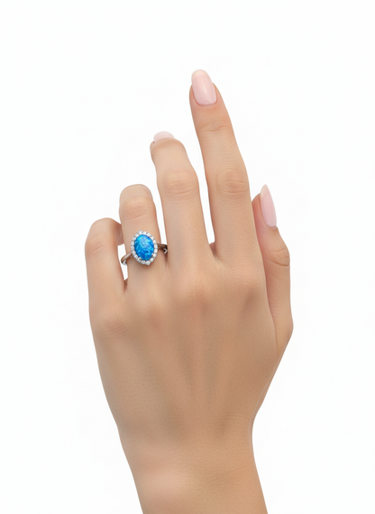 Blue Opal Pear Halo Ring in .925 Sterling Silver
