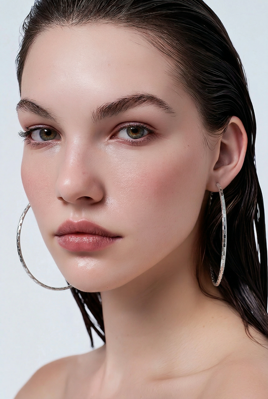 Large .925 Sterling Silver Hoop Earrings with Checkered Texture – Bold & Modern Style
