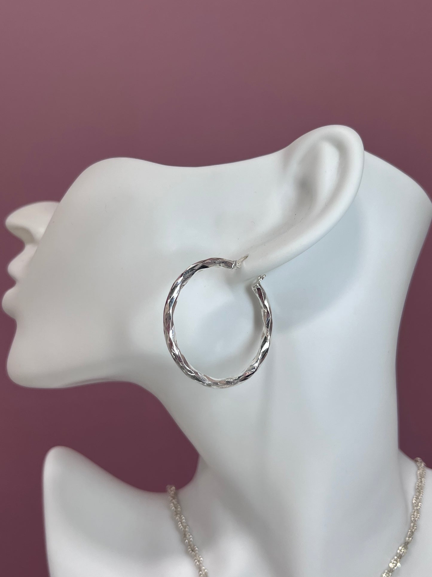 Pendientes de aro de plata de ley 925 trenzados con corte de diamante (30 mm)