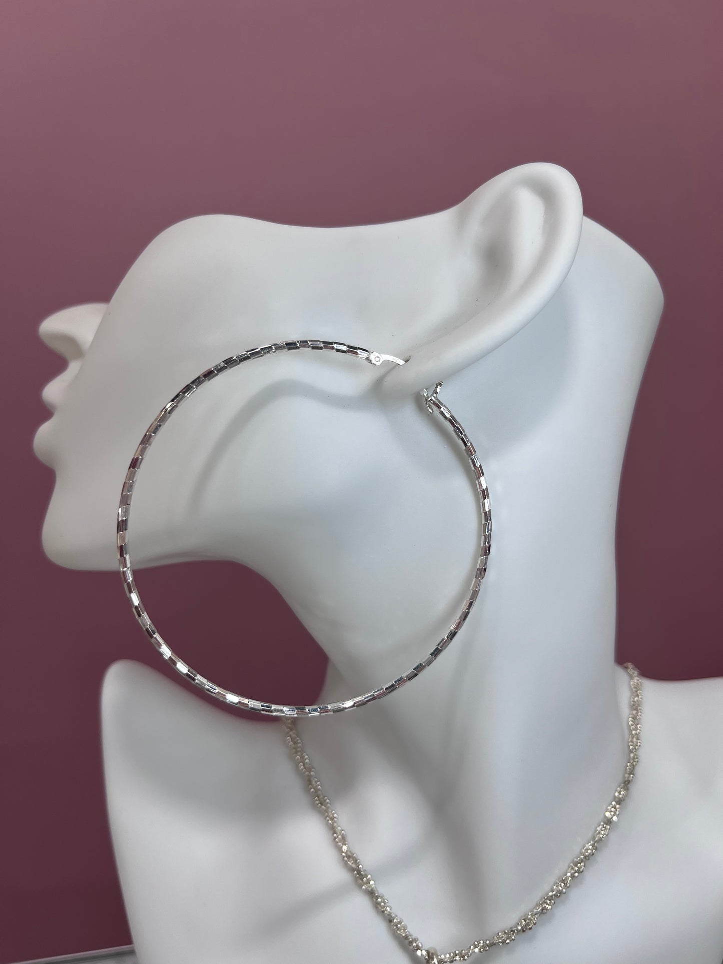 Large .925 Sterling Silver Hoop Earrings with Check Style Style /2.75"(70mm)