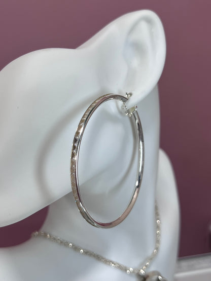 Full Eternity Diamond-Cut .925 Sterling Silver Large Hoops with Cubic Zirconia(2.5''/64mm)