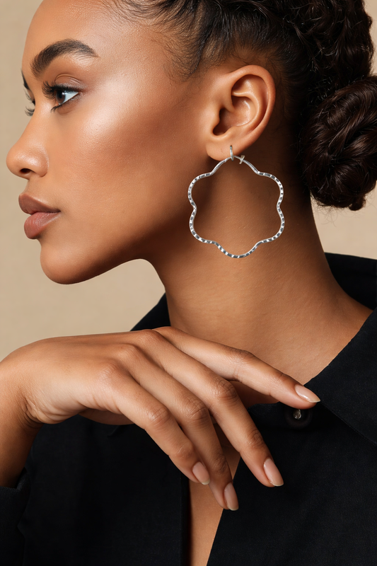 .925 Sterling Silver Wavy Flower Hoop Earrings – Minimalist Organic Style