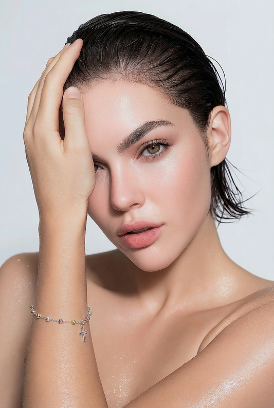 .925 Sterling Silver Bracelet with Tricolor Beads and Cross Charm