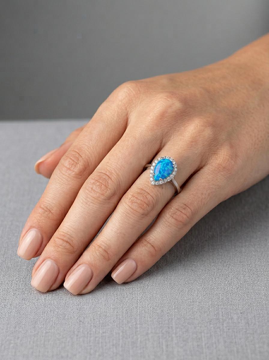 Blue Opal Pear Halo Ring in .925 Sterling Silver