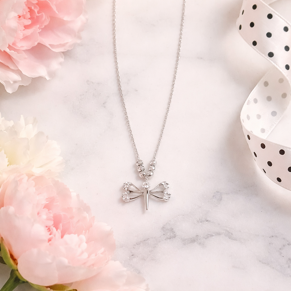 .925 Sterling Silver Dragonfly Necklace – Elegant Symbolic Jewelry with Clear Crystals