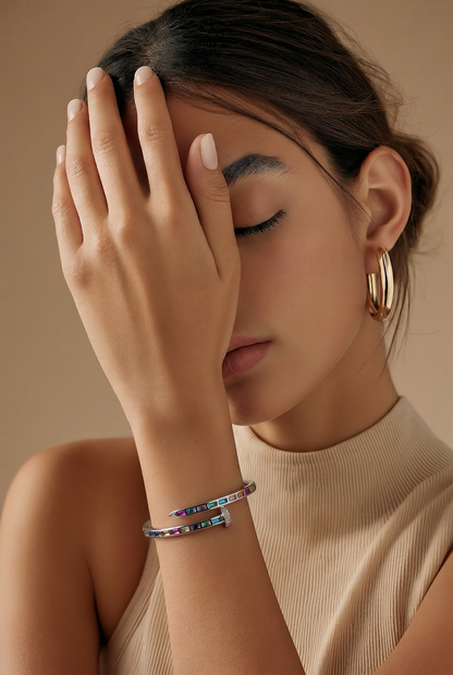 .925 Sterling Silver Adjustable "Nail" Bracelet with Multicolor Zirconias