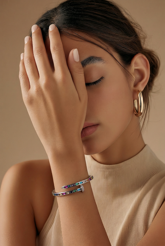 .925 Sterling Silver Adjustable "Nail" Bracelet with Multicolor Zirconias