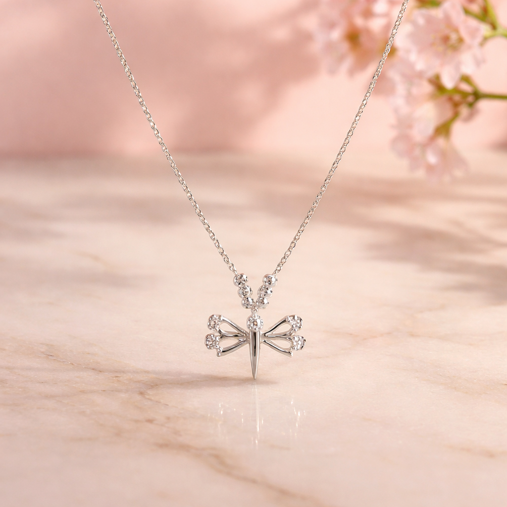 .925 Sterling Silver Dragonfly Necklace – Elegant Symbolic Jewelry with Clear Crystals