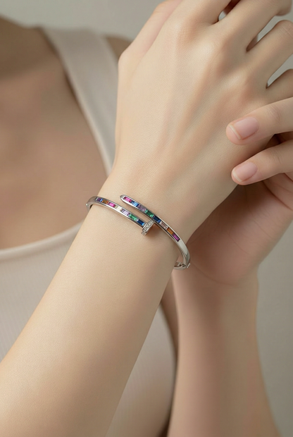 .925 Sterling Silver Adjustable "Nail" Bracelet with Multicolor Zirconias