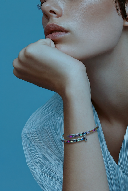 .925 Sterling Silver Adjustable "Nail" Bracelet with Multicolor Zirconias